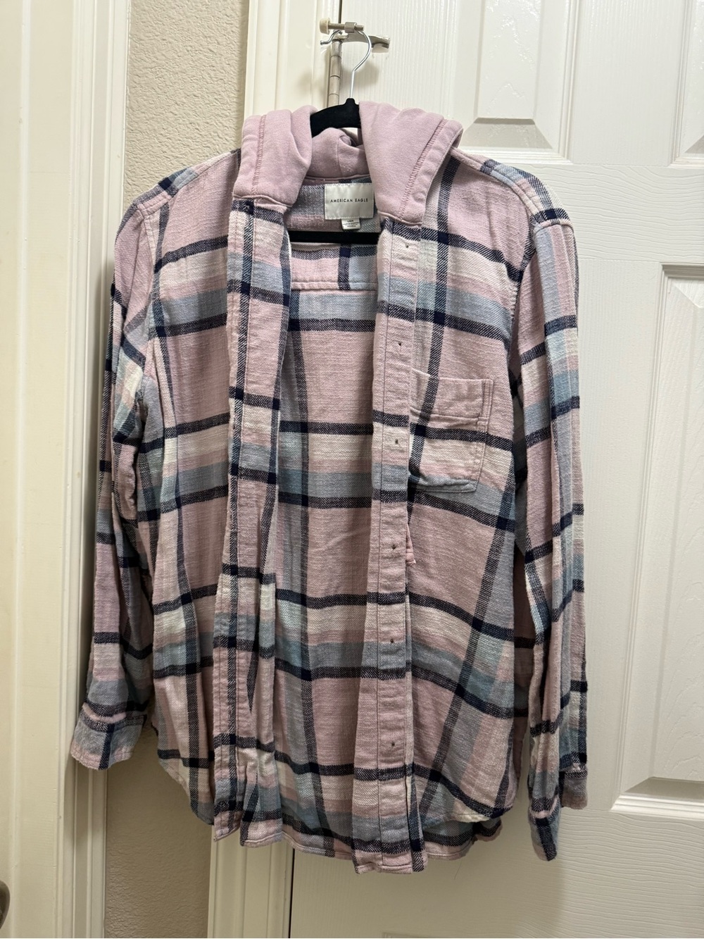 American Eagle Outfitters Lilac Plaid Hooded Button-Down Shirt